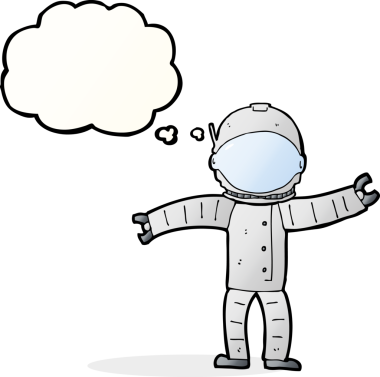 Bir insan tarafından çizilmiş düşünce baloncuklu astronot.