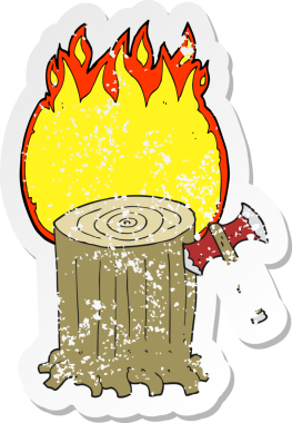 Bir insan tarafından çizilmiş bir ağaç kütüğü ve baltanın gerilimli yapıştırması.