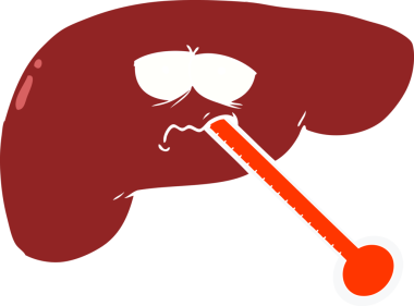 Düz renkli karikatür. Bir insan tarafından çizilmiş sağlıksız karaciğer.