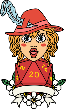 Retro Dövme Tarzı İnsan Ozan Karakteri Bir insan tarafından çizilmiş doğal 20 zar ile