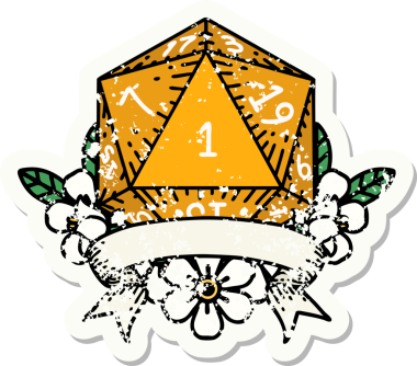 Bir insan tarafından çizilmiş doğal bir d20 zarının grunge çıkartması.