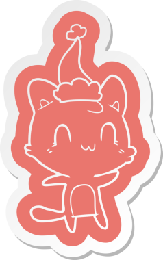 Bir insan tarafından çizilmiş Noel Baba şapkası takan mutlu bir kedinin garip çizgi film etiketi.