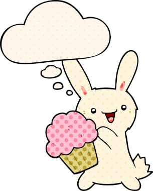 Bir insan tarafından çizilmiş, düşünce baloncuklu tatlı çizgi film tavşanı.