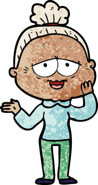 Bir insan tarafından çizilmiş mutlu yaşlı kadın çizgi filmi.