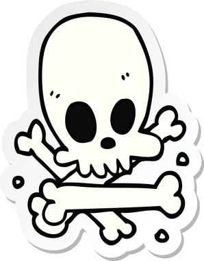 Bir insan tarafından çizilmiş karikatür kafatası ve kemik etiketi.