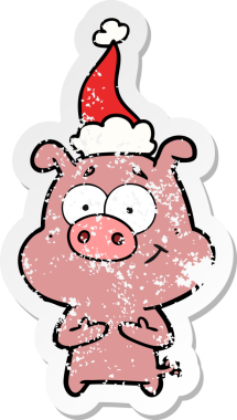 Mutlu el, insan tarafından çizilmiş Noel Baba şapkası takan bir domuzun kederli çıkartması.