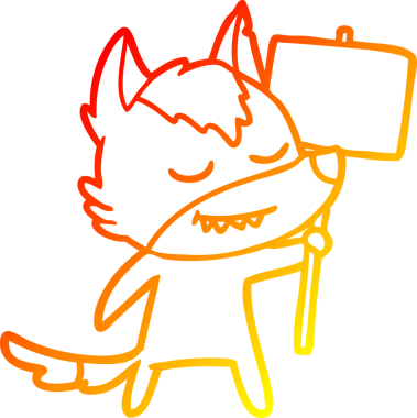 Bir insan tarafından çizilmiş boş bir işaretle dost bir kurdun sıcak çizgi çizimi.