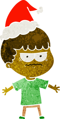 Bir insan tarafından çizilmiş Noel Baba şapkası giymiş kızgın bir adamın el çizimi karikatürü.