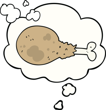 Bir insan tarafından çizilmiş düşünce baloncuğuyla pişirilmiş tavuk budu.