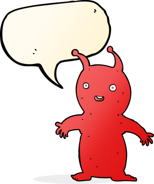 Bir insan tarafından çizilmiş konuşma balonu olan mutlu küçük uzaylı çizgi filmi.