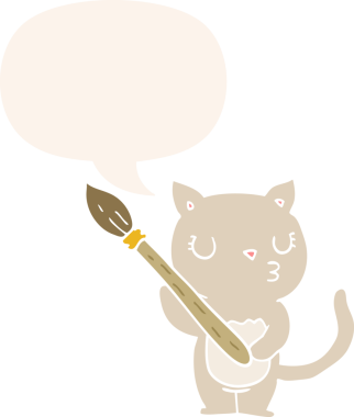 Konuşma baloncuğu olan sevimli çizgi film kedisi bir insan tarafından çizilmiş.