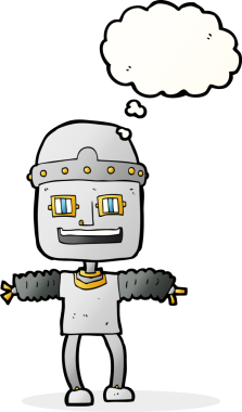 Bir insan tarafından çizilmiş düşünce baloncuklu çizgi film robotu