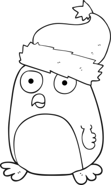 Bir insan tarafından çizilmiş noel şapkalı siyah beyaz penguen çizimi.