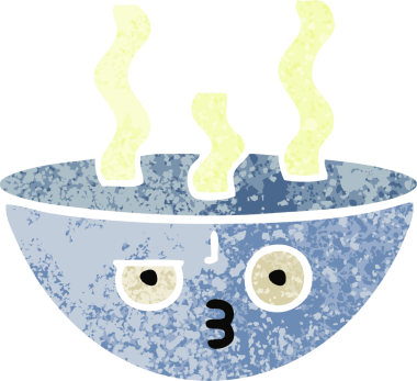 Bir insan tarafından çizilmiş sıcak bir çorba kasesinin retro çizim tarzı karikatürü.