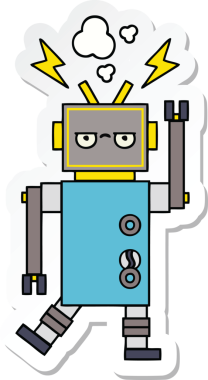 Bir insan tarafından çizilmiş arızalı sevimli bir robot karikatürü çıkartması.