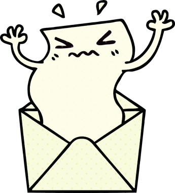 Çizgi roman tarzı tuhaf bir mektup ve bir insan tarafından çizilmiş bir zarf.