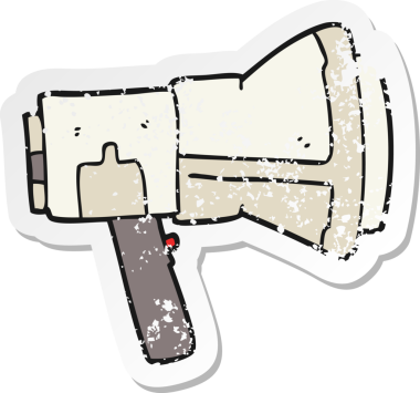 Bir insan tarafından çizilmiş bir çizgi film megafonunun gerilimli retro çıkartması.