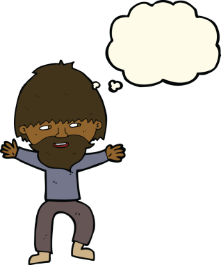 Bir insan tarafından çizilmiş düşünce balonlu sakallı mutlu adam çizgi filmi.