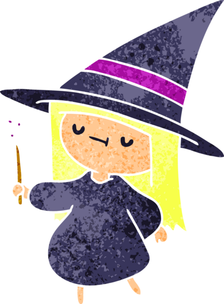 Bir insan tarafından çizilmiş sevimli bir kawai cadısının eski çizgi film çizimi.