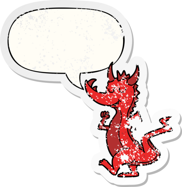 Konuşma baloncuğu olan sevimli ejderha bir insan tarafından çizilmiş sıkıntılı eski bir çıkartma.