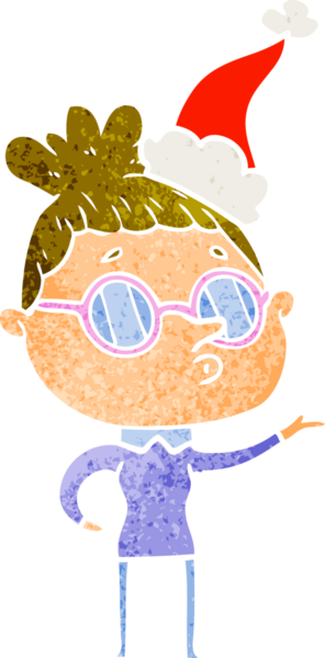 Bir insanın çizdiği Noel Baba şapkası takan bir kadının el çizimi karikatürü.