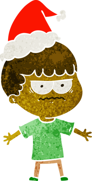 Bir insan tarafından çizilmiş Noel Baba şapkası giymiş kızgın bir adamın el çizimi karikatürü.