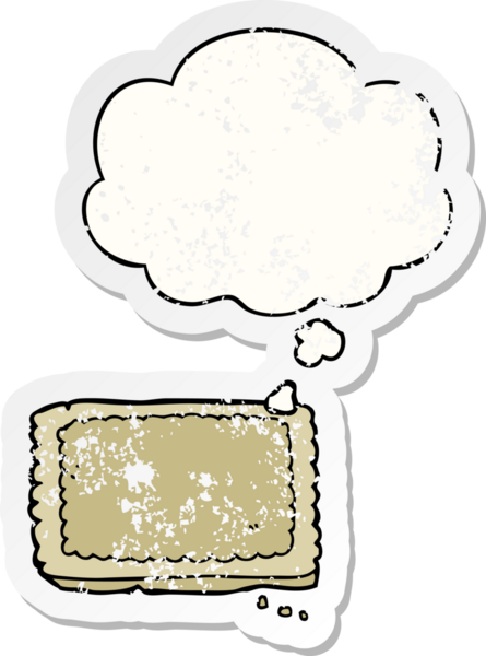 Düşünce baloncuklu çizgi film bisküvisi insan tarafından çizilmiş yıpranmış bir çıkartma.