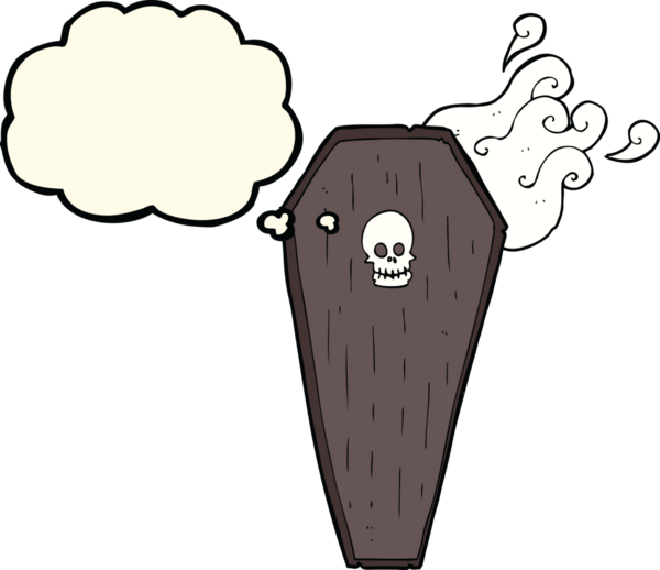 Bir insan tarafından çizilmiş düşünce baloncuklu ürkütücü karikatür tabut.