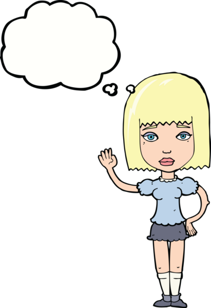 Bir insan tarafından çizilmiş düşünce baloncuğuyla el sallayan çizgi film kadını.