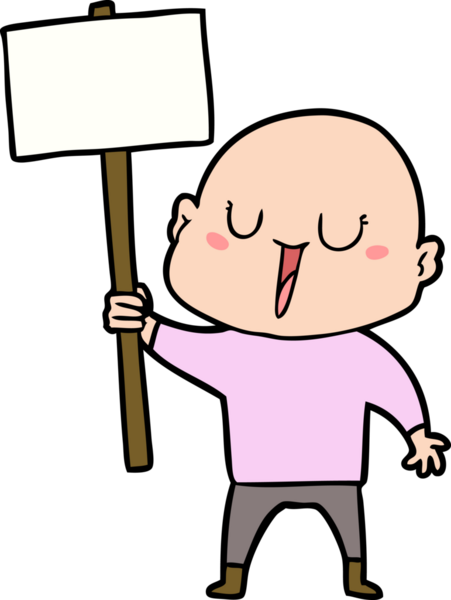 Bir insan tarafından çizilmiş mutlu, kel bir adam.