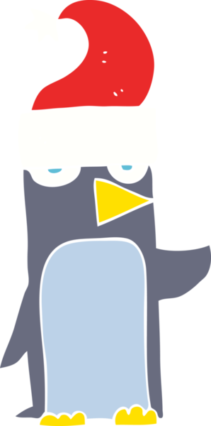Bir insan tarafından çizilen noel şapkalı penguenin düz renk çizimi