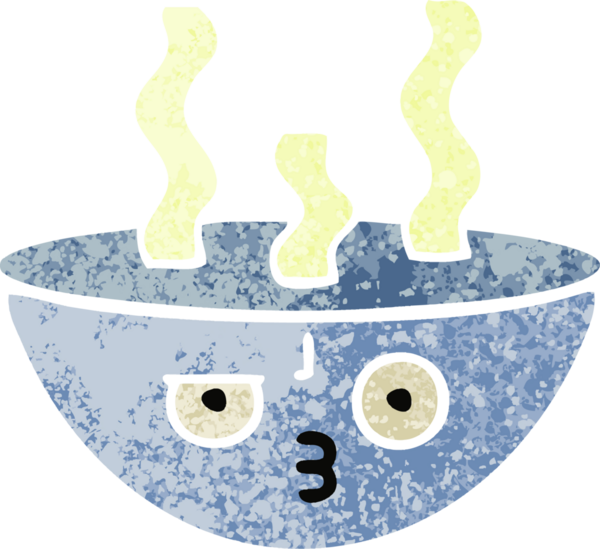 Bir insan tarafından çizilmiş sıcak bir çorba kasesinin retro çizim tarzı karikatürü.