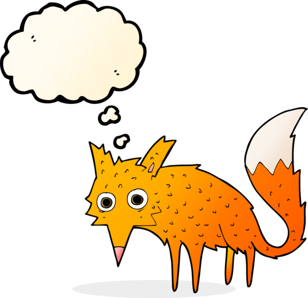 Bir insan tarafından çizilmiş düşünce baloncuklu komik bir tilki.