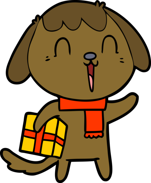 Bir insan tarafından çizilmiş Noel hediyesi olan sevimli bir çizgi film köpeği.