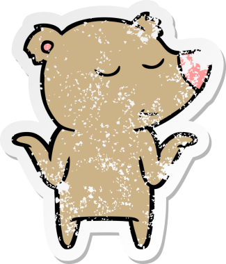 Mutlu bir çizgi film ayısının sıkıntılı çıkartması bir insan tarafından çizilmiş omuz silkiyor.