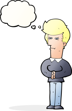 Bir insan tarafından çizilmiş düşünce baloncuğuyla gözlerini kısarak bakan çizgi film adamı.