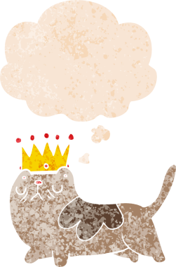 Homurdanan düşünce baloncuğu olan kibirli çizgi film kedisi bir insan tarafından çizilmiş dertli retro stili.