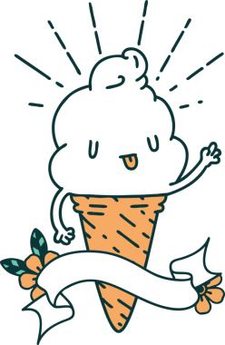 Bir insan tarafından çizilmiş dövmeli dondurma karakterli parşömen.