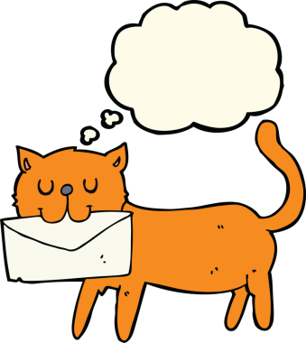 Bir insan tarafından çizilmiş düşünce baloncuklu mektup taşıyan çizgi film kedisi.