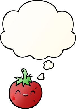 Düşünce baloncuğu olan, bir insan tarafından çizilmiş şirin çizgi film domatesi.