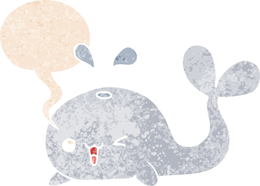 Bir insan tarafından çizilmiş grunge dertli retro tarzı konuşma balinası ile çizgi film balinası