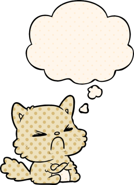 Çizgi roman tarzında bir insan tarafından çizilmiş düşünce baloncuklu kızgın bir kedi.