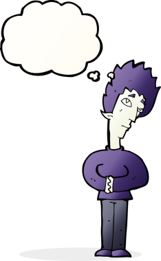 Düşünce baloncuğu insan tarafından çizilmiş meraklı vampir çizgi filmi.