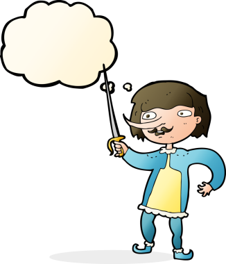 Bir insan tarafından çizilmiş düşünce balonlu kılıçlı bir karikatür adam.