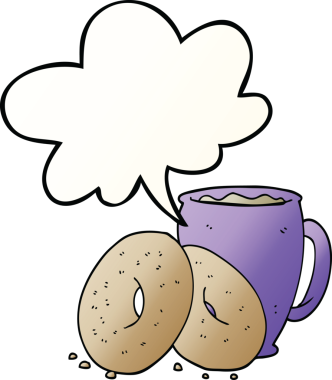 Bir insan tarafından çizilmiş, konuşma baloncuklu çizgi film kahvesi ve çörekler.