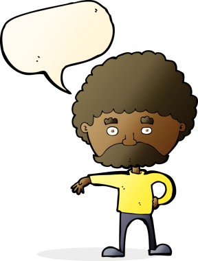 Çizgi filmdeki bıyıklı adam, bir insan tarafından çizilmiş konuşma baloncuğuyla kamp jesti yapıyor.