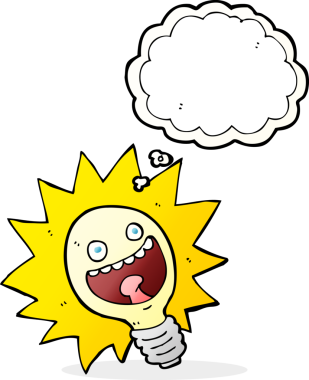 Bir insan tarafından çizilmiş düşünce baloncuklu çizgi film ampulü.