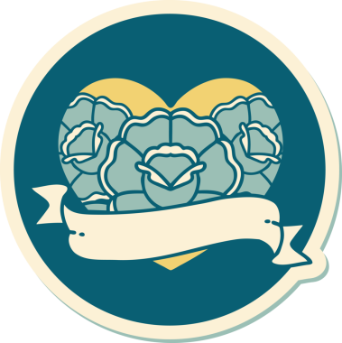 Geleneksel kalp stili dövme çıkartması ve bir insan tarafından çizilmiş çiçekli pankart.