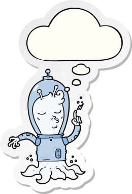 Düşünce baloncuğu insan tarafından çizilmiş bir çıkartma olan uzaylı çizgi filmi.