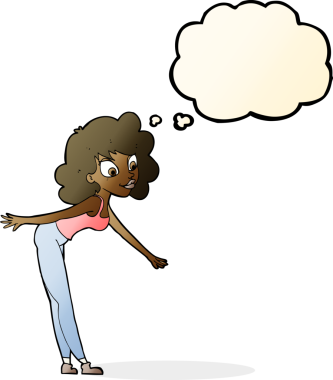 Çizgi filmdeki kadın, bir insan tarafından çizilmiş düşünce baloncuğuyla bir şey almaya çalışıyor.